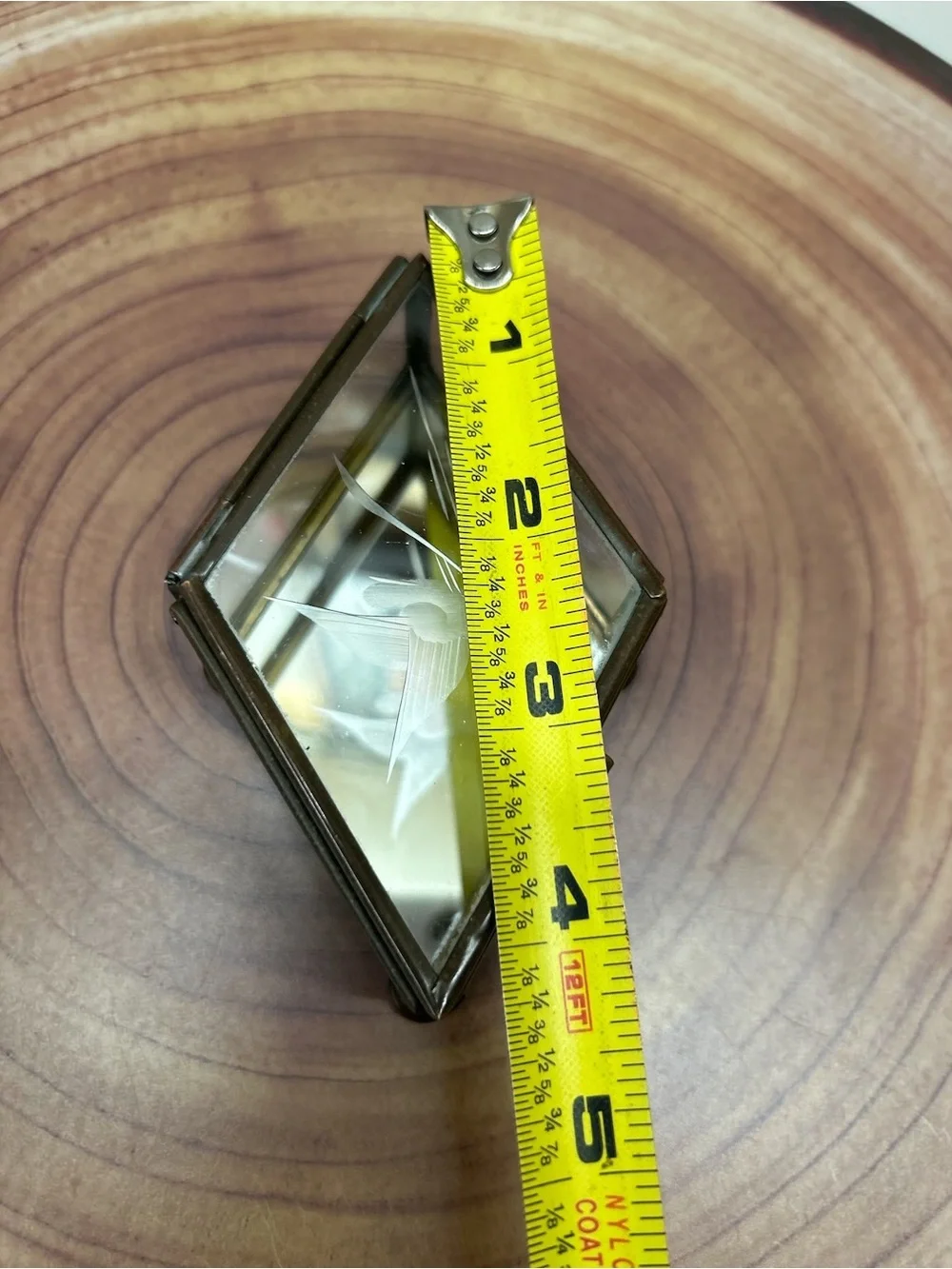Vintage Diamond Coffin Style Glass Trinket Box Brass Footed Mirrored Floral